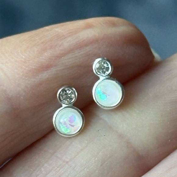 Sterling Silver Crystal and Opal Tiny Stud Earrings - Picture 8 of 9